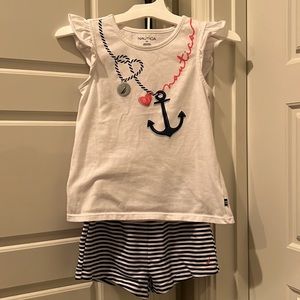 Nautica Tank with Ruffle Sleeves and Navy and White Striped Shorts - Size 6x